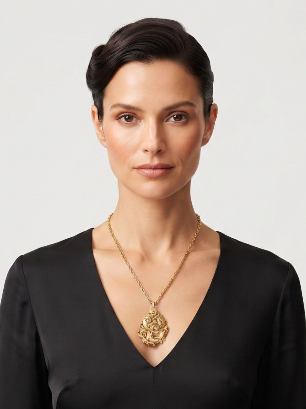 Vintage 50s–60s Crown Trifari Statement Necklace, Gold Tone Scroll Pendant, 28"